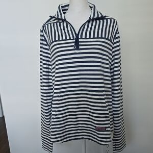 Vineyard Vines Women's Navy and White Striped Zip-Up Top